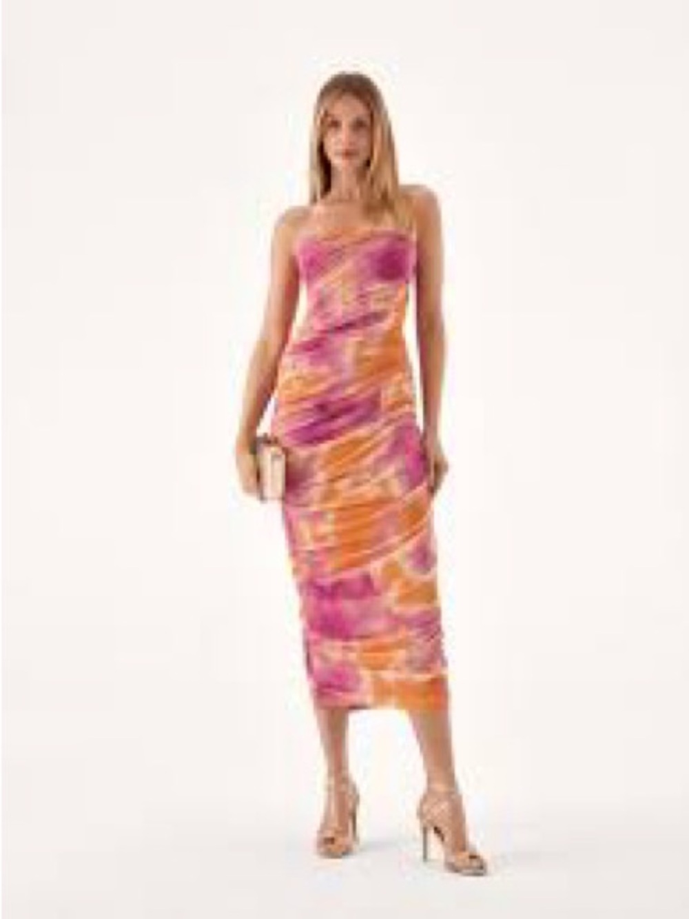 Zara Strapless Pink and Orange Marble Midi Dress